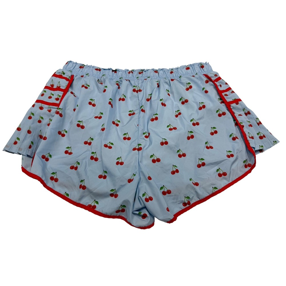 Kimberly Womens Cherry Print Dolphin Shorts Blue Red Pleated Side Panels Size L